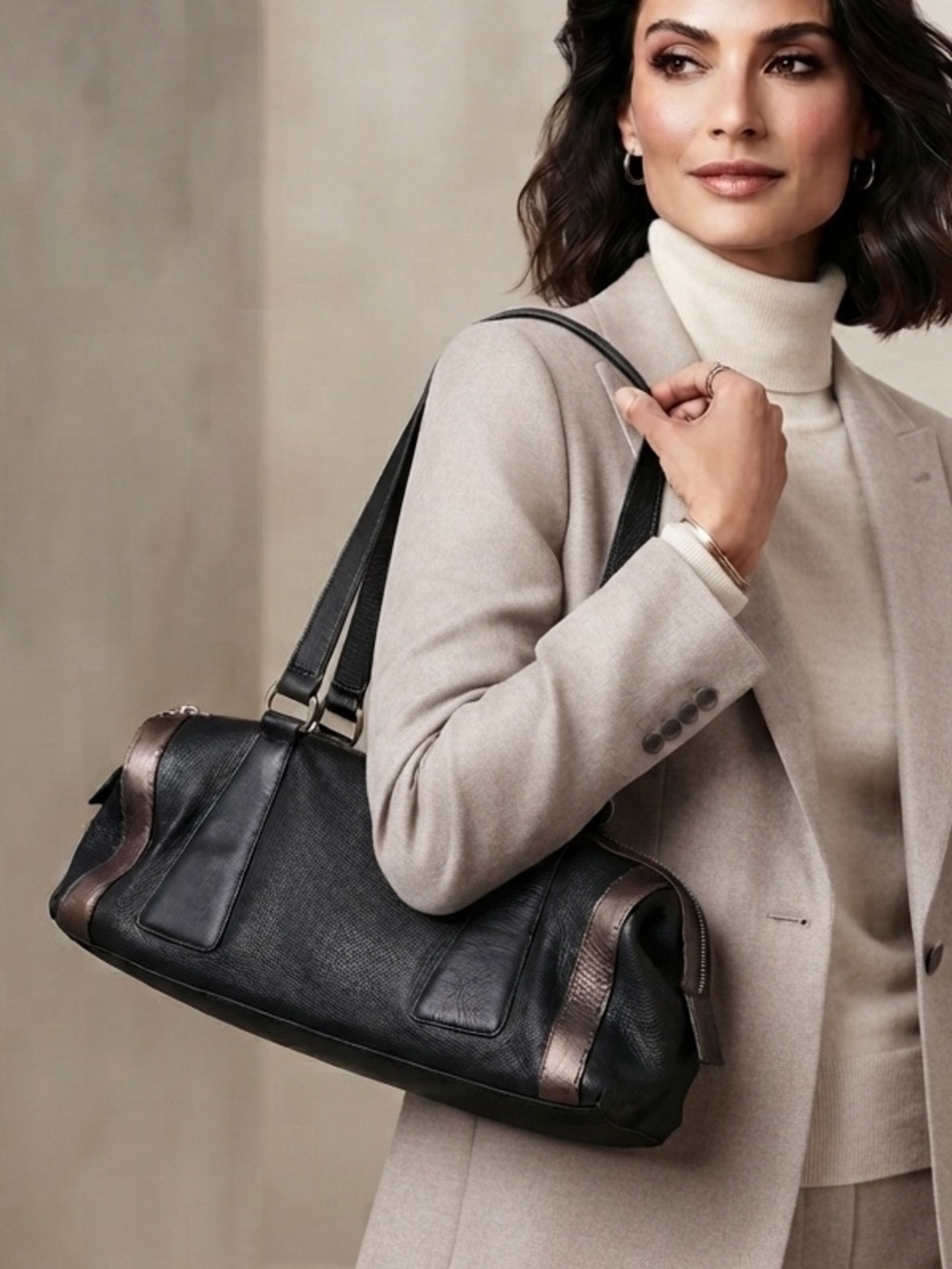 Derek Alexander Stylish Black and Brown Leather Duffle Style Handbag
